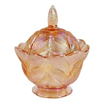 Vtg. L.E. Smith Iridescent Pink Carnival Glass Cabbage Leaf Covered Candy Dish - £35.24 GBP