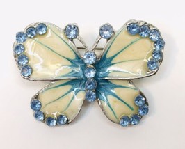 Baby Blue &amp; Off White Enamel Butterfly Brooch Vintage Rhinestone Insect Pin - £12.59 GBP