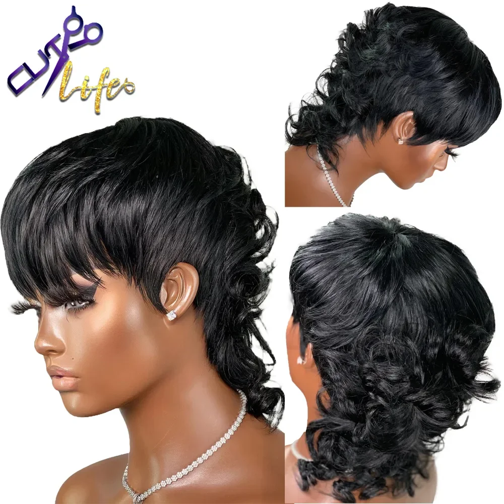 Short Pixie Cut Wig With Bangs Brazilian Remy Loose Wave Human Hair Full Machine - £36.80 GBP+