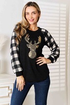 Heimish Full Size Sequin Reindeer Graphic Plaid Top - £27.71 GBP