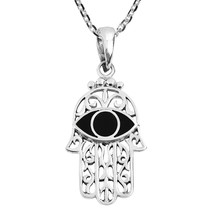 Mystical Hamsa w/ Synthetic Black Onyx Eye Inlays Sterling Silver Necklace - £16.81 GBP
