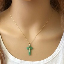 14K Solid Gold Mini Jesus Crucifix Green Cross Dainty Necklace -Minimalist - £124.69 GBP+