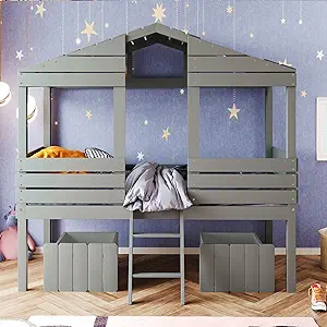 Merax Twin Kids Wood Low Loft House Bed with Drawers and Ladder Loft Bun... - $619.99
