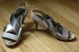 Anyi Lu 37 7 Bella Latte Brown Leather Pewter Cross Strap Stretch Heel Sandals - £32.16 GBP