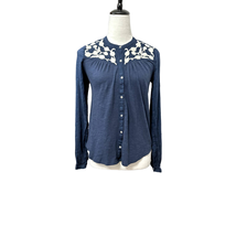 Lucky Brand Womens Button Up Shirt Navy Long Sleeve Cuff Pleated Embroidered XS - £12.48 GBP