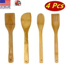 4 Pc Wooden Spoon Spatula Bamboo Set Kitchen Utensil Cooking Mix Non-Stick Tools - £6.48 GBP