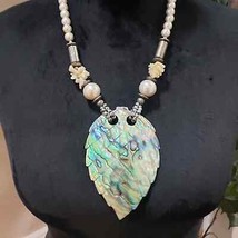 Womens Fashion Faux Pearl Beaded Abalone Shell Crafted Leaf Pendant Necklace - $32.67