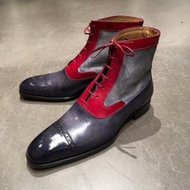 Handmade Men Latest Model  Gray Maroon Color  Cap Toe Real Leather &amp; Fabric Boot - £127.79 GBP