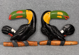 Toucan Wall Hook Key Holder Pair Hand Carved Wood Panama Folk Art 3 Hooks - $44.54