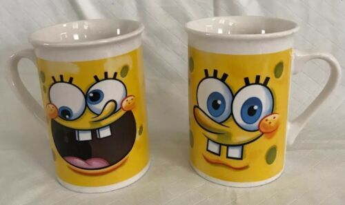 2 Sponge Bob Squarepants Ceramic Coffee Cup Mugs 2013 Viacom Yellow White - $17.99