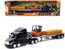 Peterbilt 387 Truck with Flatbed Trailer Black with Forklift and Hay Bales &quot;Long - £35.05 GBP
