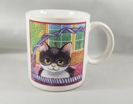 Black and White Cat In Blue Basket of Yarn Mug Japan - $7.68