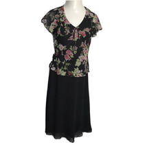 En Focus Classy Midi Dress ~ Sz 6P ~ Short Sleeve ~ Black ~ Lined ~ Floral - $22.49