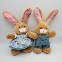 Pair Vintage Applause Stuffed Bunny Rabbit Plush Blue Flower Dress Overalls - £46.77 GBP