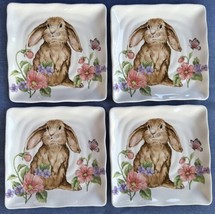 4 MAXCERA SPRING EASTER FLORAL BUNNY RABBIT SQUARE SALAD PLATES RIBBED 8... - £47.17 GBP