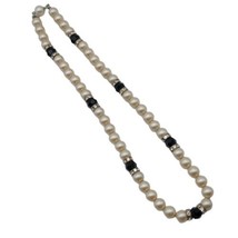Trifari Faux White Pearl Black Beaded Rhinestone Spacers Necklace T Hang Tag 16&quot; - £14.75 GBP