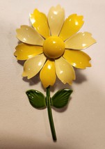 Flower Power Brooch Pin Bright Yellow Flower Green Stem 3 1/4 inch Tall Vintage - £17.39 GBP