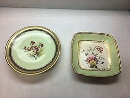 Vintage Set Of 2 China 1 Serving Square Dish 1 Pedestal Mint Green Floral Design - £29.79 GBP