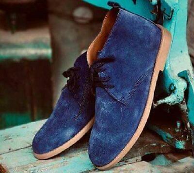 Handmade Men's Genuine Blue Suede Derby Formal / Casual Lace Up Boots  2019