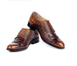 Handmade Mens Brown Alligator Textured Leather Monk Strap Shoes, Men Dress Shoes - £114.63 GBP