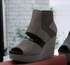 Eileen Fisher Still Wedge Platform Sandal 7 1/2 Black 7.5 Wide Ankle Wrap NIB - £112.03 GBP