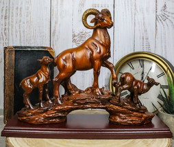 Rustic Country Bighorn Sheep Ram With Lambs On Rock Faux Mahogany Wood Figurine - £33.81 GBP
