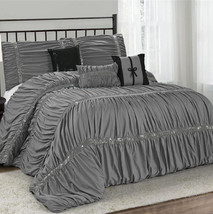 HIG 7 Piece Classical Chic Ruched Pleated Gray Comforter Set in Queen King Size - £34.69 GBP+