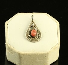 Vintage Sterling Sign Justin Morris Navajo Rare Coral Tribal Pear Shape Pendant - $74.25