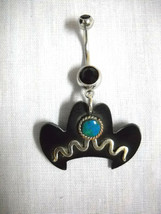 Bull Horn Western Cowboy Hat Cut Out W Turquoise Gem 14g Black Cz Belly Ring - £4.80 GBP
