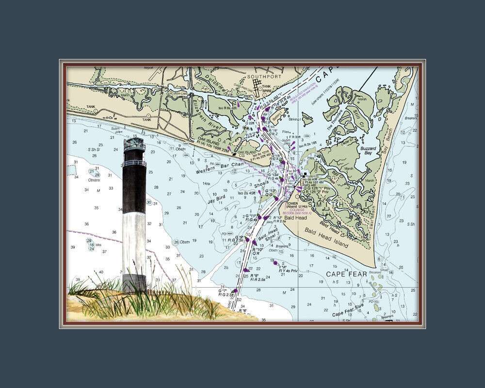 Primary image for Oak Island, NC Lighthouse and Nautical Chart High Quality Canvas Print