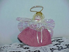 Vntg Angel Christmas Ornament Tulle Pink Crepe Golden Hair Iridescent Wings - $14.84