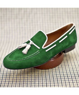 Men&#39;s Hand Made Green Color Loafer &amp; Slip Ons Suede Real Leather Shoes U... - £109.66 GBP