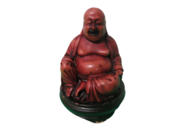 Happy Laughing Buddha Figurine Resin Red Sitting On Wood Base 5.5&quot; Tall - £15.78 GBP