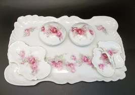 Antique Victoria Porcelain Vanity Tray Set Trinket Box Pink Roses - £59.98 GBP