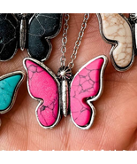 Butterfly Stone Pendant Western Choker Necklace Fuchsia Hot Pink - £16.81 GBP