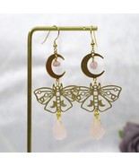 Butterfly Rose Quartz Amethyst Long Drop Earrings, Star Moon Charms Natural Crys - £14.05 GBP