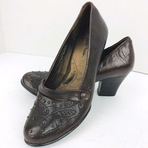Born Crown Brown Leather Size 7.5 Studs Stitched Block Heel W6452 Strap ... - $44.99