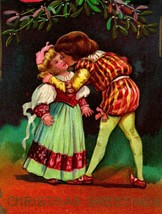 Vtg Postcard 1910 Christmas Greetings Kissing Under Mistletoe Lanterns Embossed - £6.37 GBP