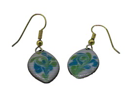 Vintage Enamel Floral Earrings Gold Hooks Blue Green 1&quot; Flowers Spheroid Dangle - £7.88 GBP