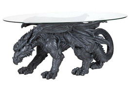 Faux Stone Medieval Gothic Prowling Dragon Sculptural Oval Coffee End Table - $675.99