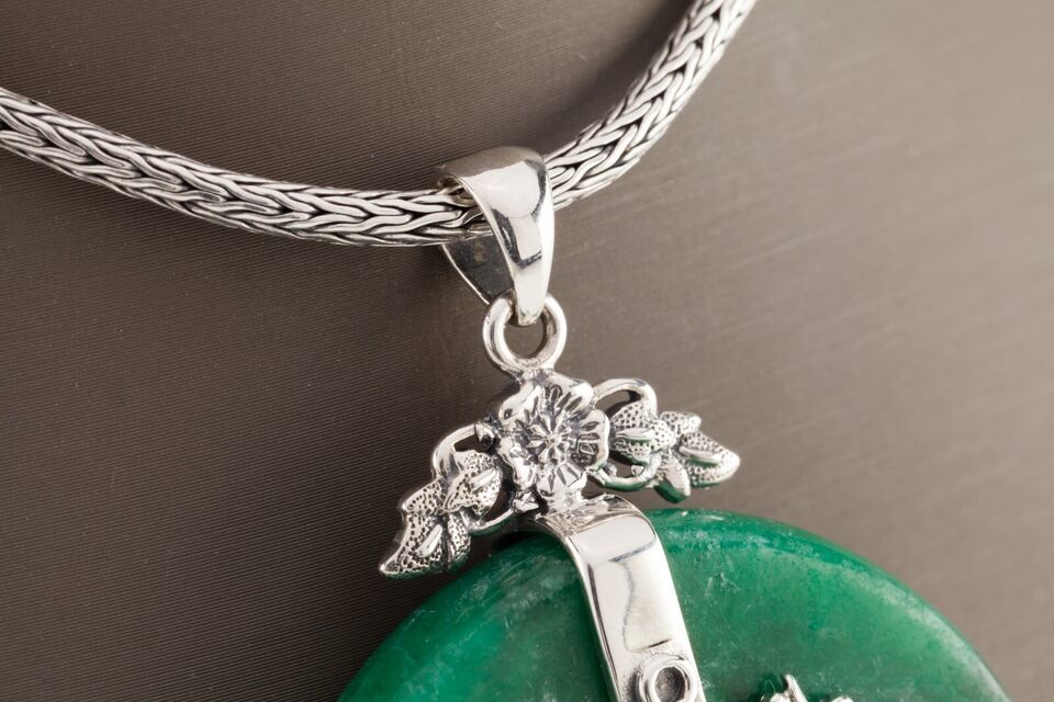 Beautiful Buddism Sterling Silver Green Jade 16" Necklace and Pendant 72.4gr Item image 2