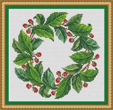 Vintage Green Leaves and Berries Wreath Counted Cross Stitch PDF Pattern - $5.00