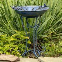 Zaer Ltd. Deep Well Made Metal Birdbath with 2 Cast Iron Birds and Leaf Decorati - $124.50+