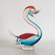 Murano Glass Duck Figurine in Blue &amp; Red, Vintage Handmade Venetian Glass - $30.46