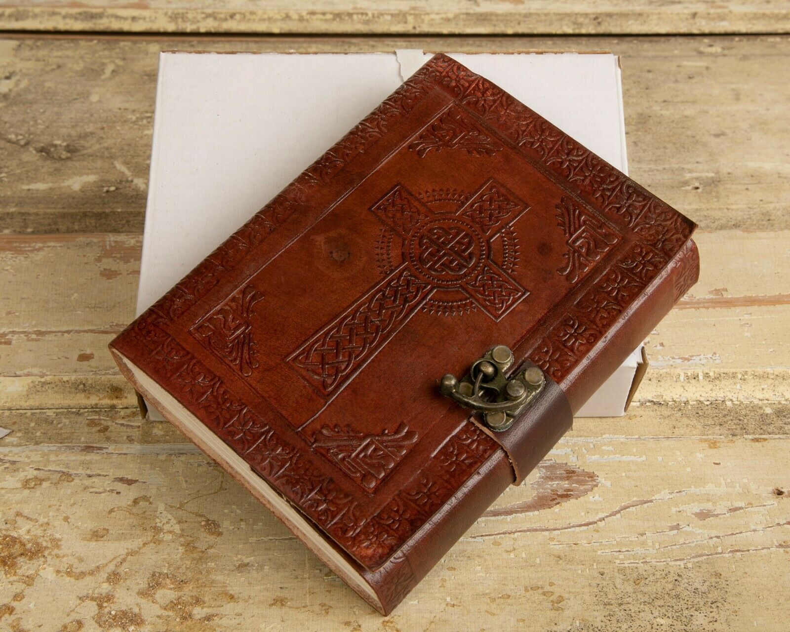 Leather Celtic Cross Journal w/ Lock/Latch ~ 200 5"x7" 'Vellum' Pages Handmade - $21.04