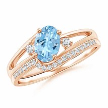 ANGARA Oval Aquamarine and Diamond Wedding Band Ring Set in 14K Solid Gold - £1,142.39 GBP