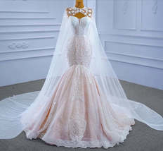 Elegant Sleeveless Sweetheart Lace Mermaid Gown W/ Matching Floral Cape Train - £1,449.73 GBP