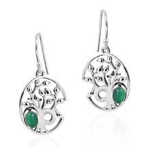 Delicate Tree of Life Oval Green Stone Sterling Silver Dangle Earings - £20.83 GBP