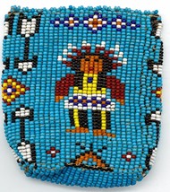Native American Glass Seed Bead Pouch Leather Lined Motifs &amp; Arrows &amp; Fi... - $29.99