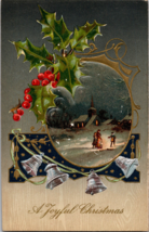 Vtg Postcard Christmas~c1908 Embossed Holidaty Snow Scene~Holly~silver Bells - £5.57 GBP